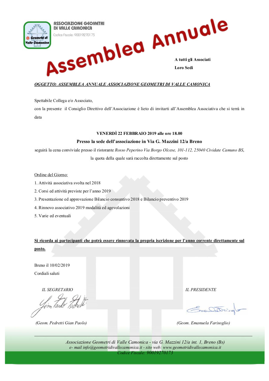 venerdì 22 febbraio 2019: Assemblea annuale Breno